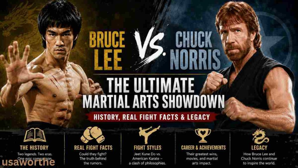 Bruce Lee vs. Chuck Norris 1972 promotional image featuring the iconic martial arts rivals facing off in their legendary showdown.