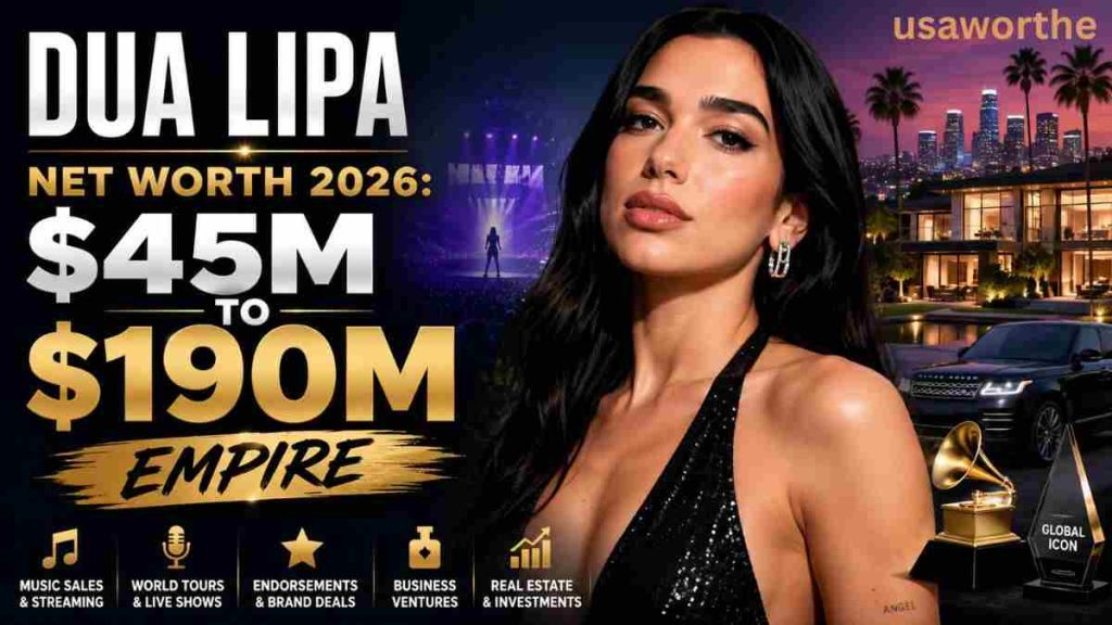 Dua Lipa featured in a luxury-themed collage highlighting Dua Lipa Net Worth 2026 and career success