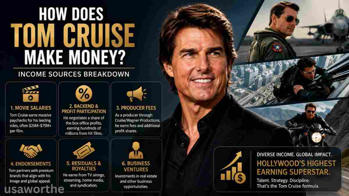 How Does Tom Cruise Make Money? Income Sources Breakdown showing Tom Cruise's earnings from movie salaries, profit participation, producer fees, endorsements, royalties, and business ventures.