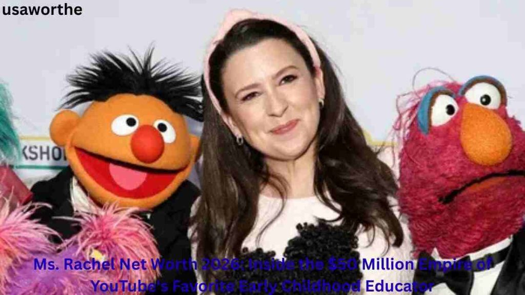 Ms. Rachel posing with Sesame Street characters, highlighting her net worth, YouTube success, and career as a leading early childhood educator in 2026.