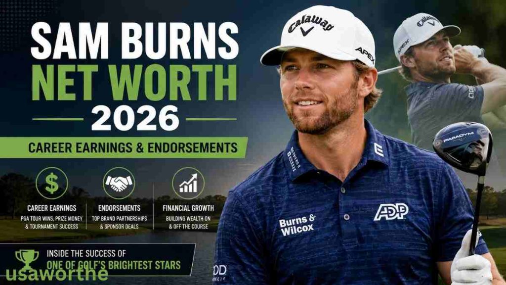 Sam Burns Net Worth 2026 infographic featuring the golfer's career earnings, endorsement deals, and financial success.