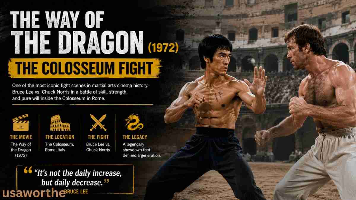 The Way of the Dragon (1972) featuring Bruce Lee and Chuck Norris during their legendary Colosseum fight scene in Rome.