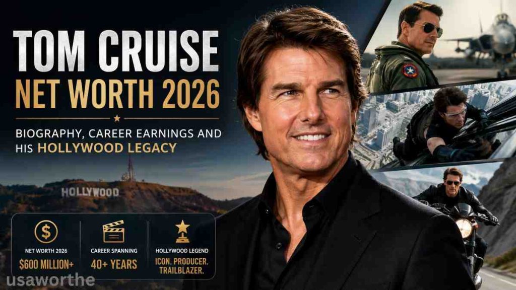 Tom Cruise Net Worth 2026 infographic featuring the Hollywood superstar with highlights of his career earnings, blockbuster movie success, and decades-long legacy in the entertainment industry.