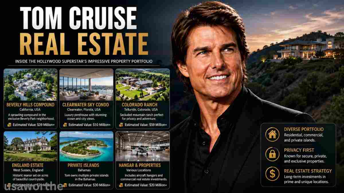 Tom Cruise Real Estate portfolio featuring luxury properties including a Beverly Hills compound, Clearwater condo, Colorado ranch, England estate, private islands, and commercial real estate investments.
