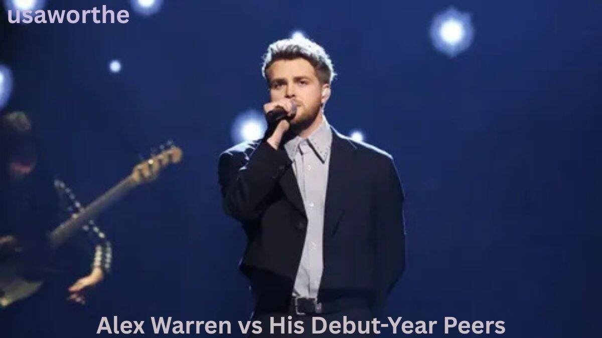 Alex Warren performing live on stage with a microphone, comparing his success and career achievements with other artists from his debut year.