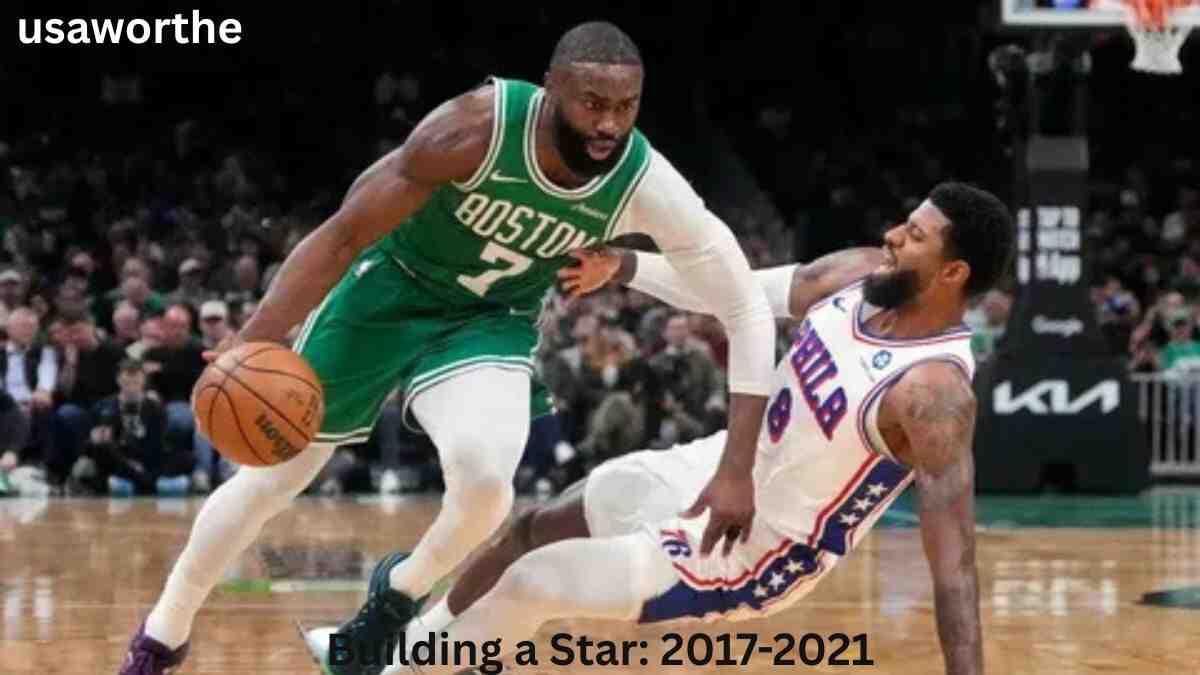 Jaylen Brown drives past a Philadelphia 76ers defender during an NBA game, highlighting his rapid rise into an All-Star and one of the league's top two-way players.