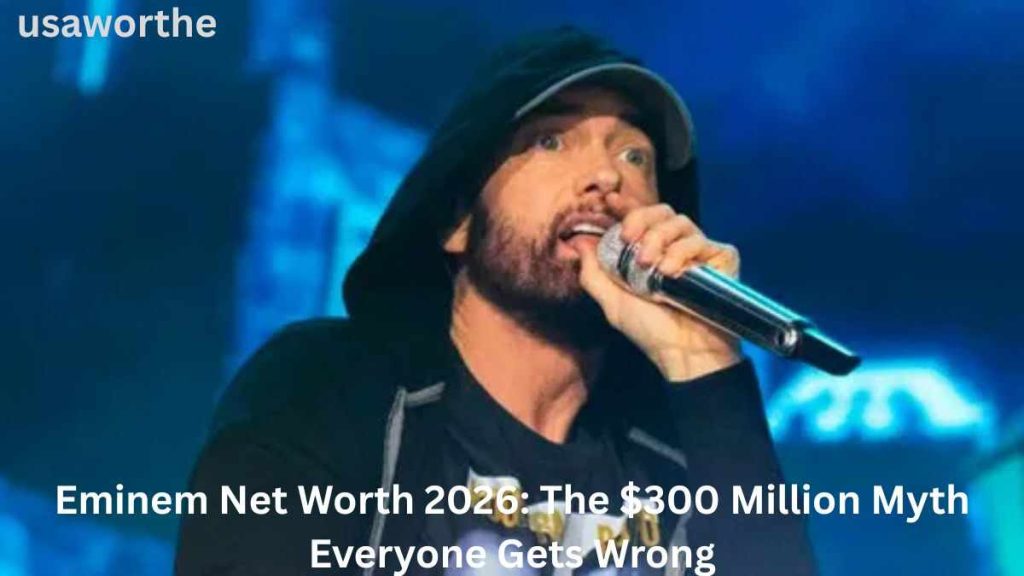 Eminem Net Worth 2026 image of Eminem performing on stage while discussing the debate over his estimated wealth