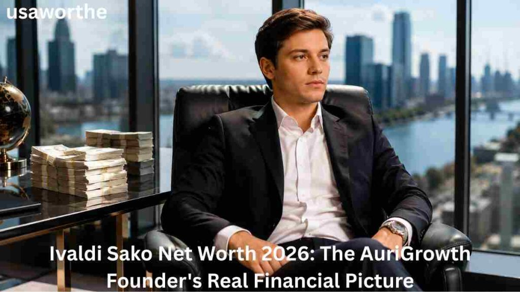 Ivaldi Sako Net Worth 2026 – Ivaldi Sako, founder of AuriGrowth, seated in a modern office with stacks of cash and a city skyline in the background.