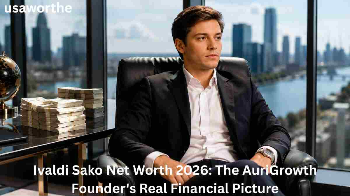 Ivaldi Sako Net Worth 2026 – Ivaldi Sako, founder of AuriGrowth, seated in a modern office with stacks of cash and a city skyline in the background.