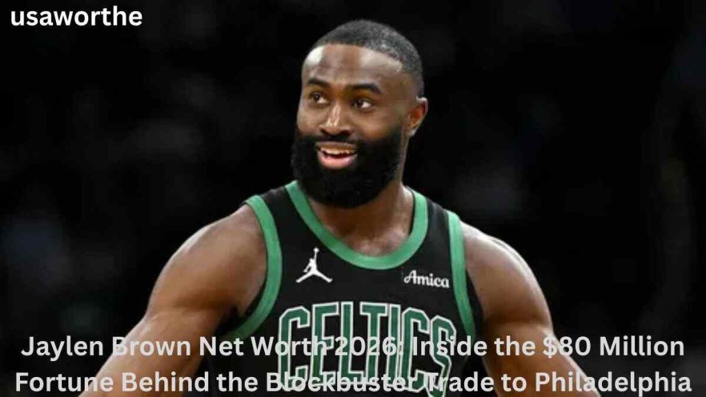 Jaylen Brown in his Boston Celtics jersey before his blockbuster trade to Philadelphia, highlighting his NBA career and Jaylen Brown Net Worth 2026.