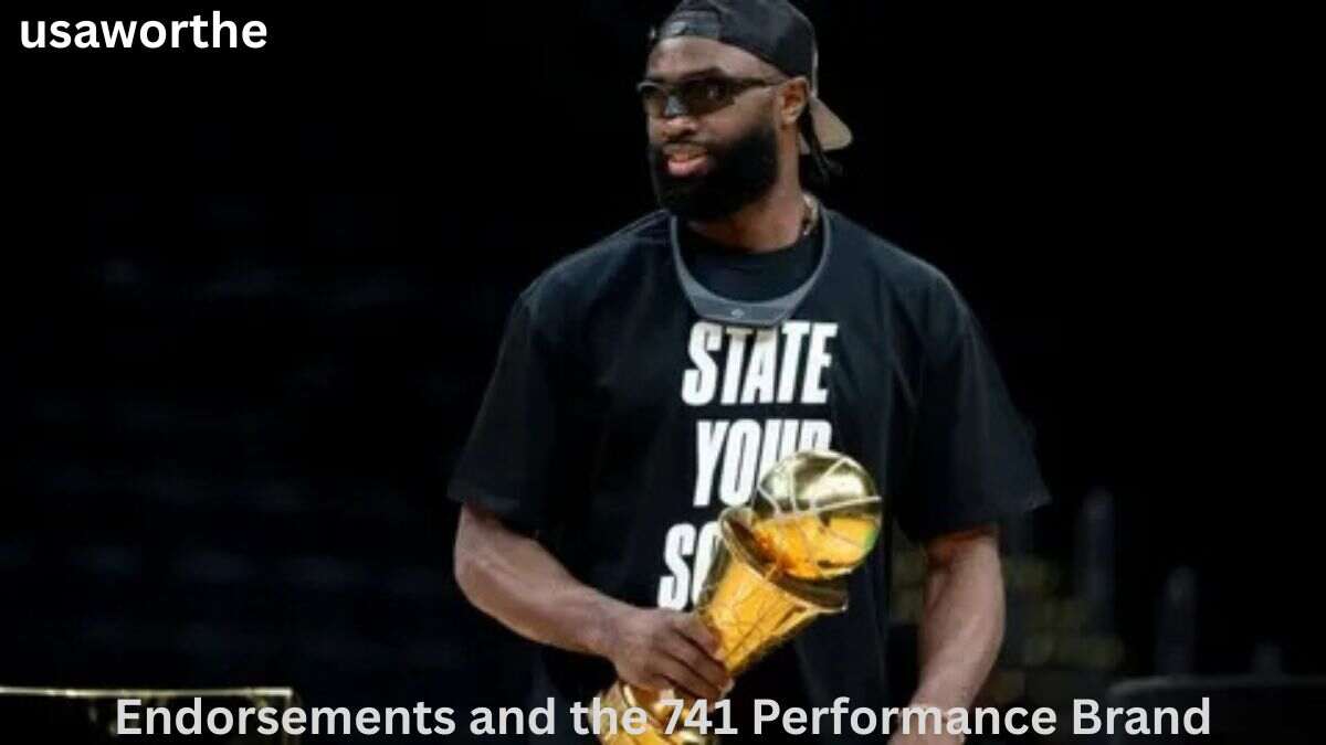 Jaylen Brown holds the NBA Finals trophy while showcasing the success of his endorsement deals and 741 Performance brand, key contributors to Jaylen Brown Net Worth 2026.