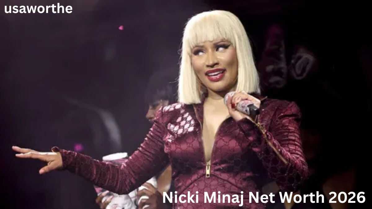 Nicki Minaj Net Worth 2026 featured in a stunning live concert performance with Nicki Minaj singing on stage before a cheering crowd.