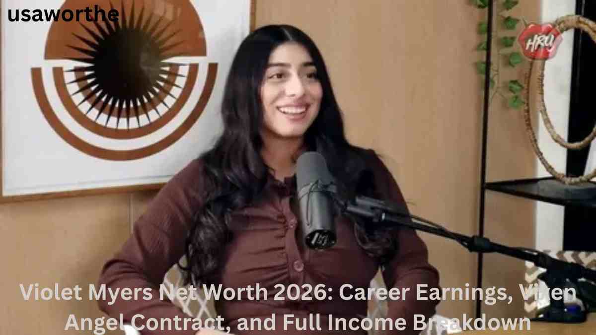 Violet Myers during a podcast interview, discussing her career, Vixen Angel contract, and the income sources behind her estimated net worth in 2026.