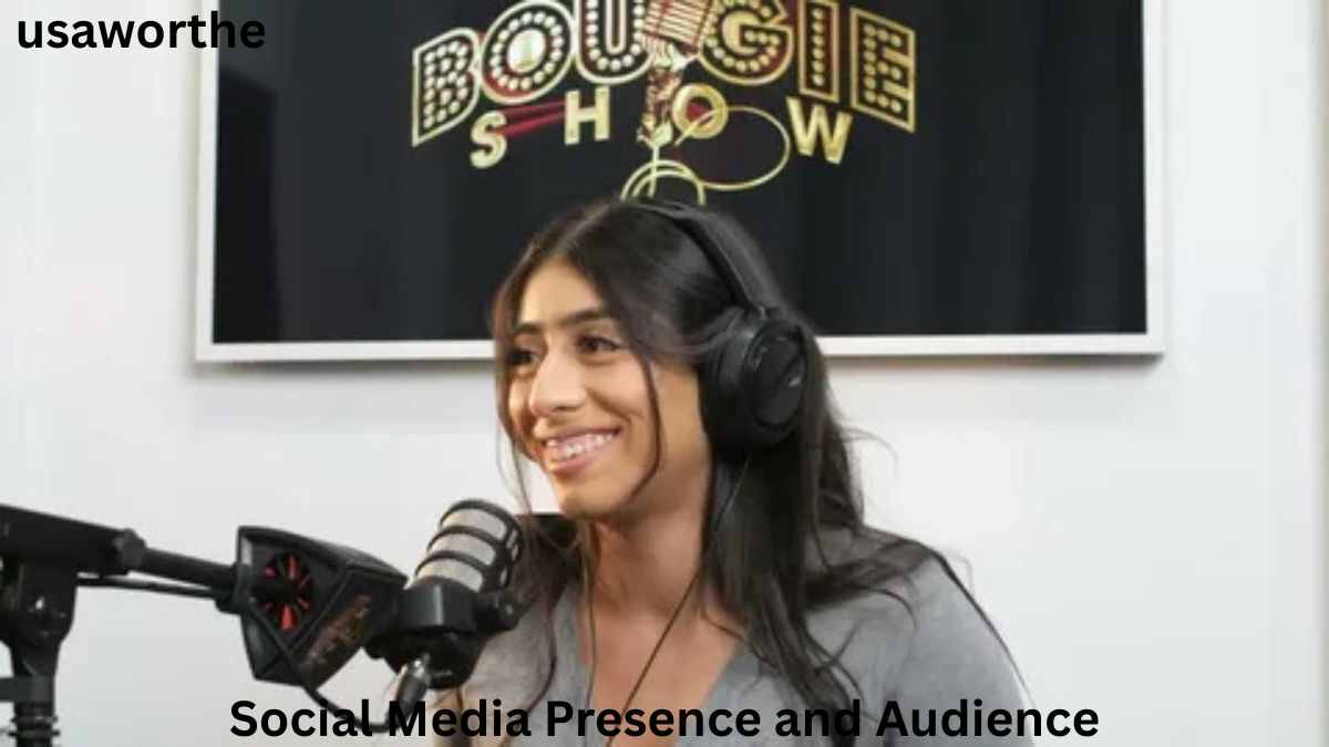 Violet Myers recording a podcast while wearing headphones, showcasing her strong social media presence and engagement with her growing audience.