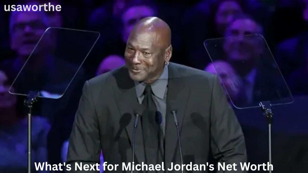Michael Jordan speaking at a public event, highlighting the future growth of his estimated $4.3 billion net worth through Jordan Brand, investments, and business ventures.