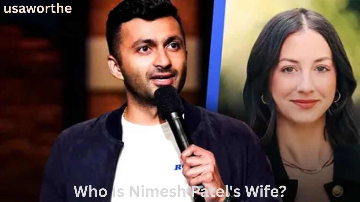 Nimesh Patel Wife Amy Havel Patel smiling beside comedian Nimesh Patel in a portrait photo