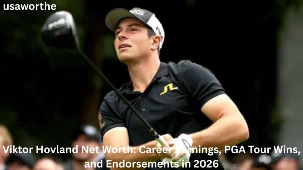 Viktor Hovland teeing off during a PGA Tour event in an image about his net worth in 2026
