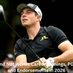 Viktor Hovland teeing off during a PGA Tour event in an image about his net worth in 2026